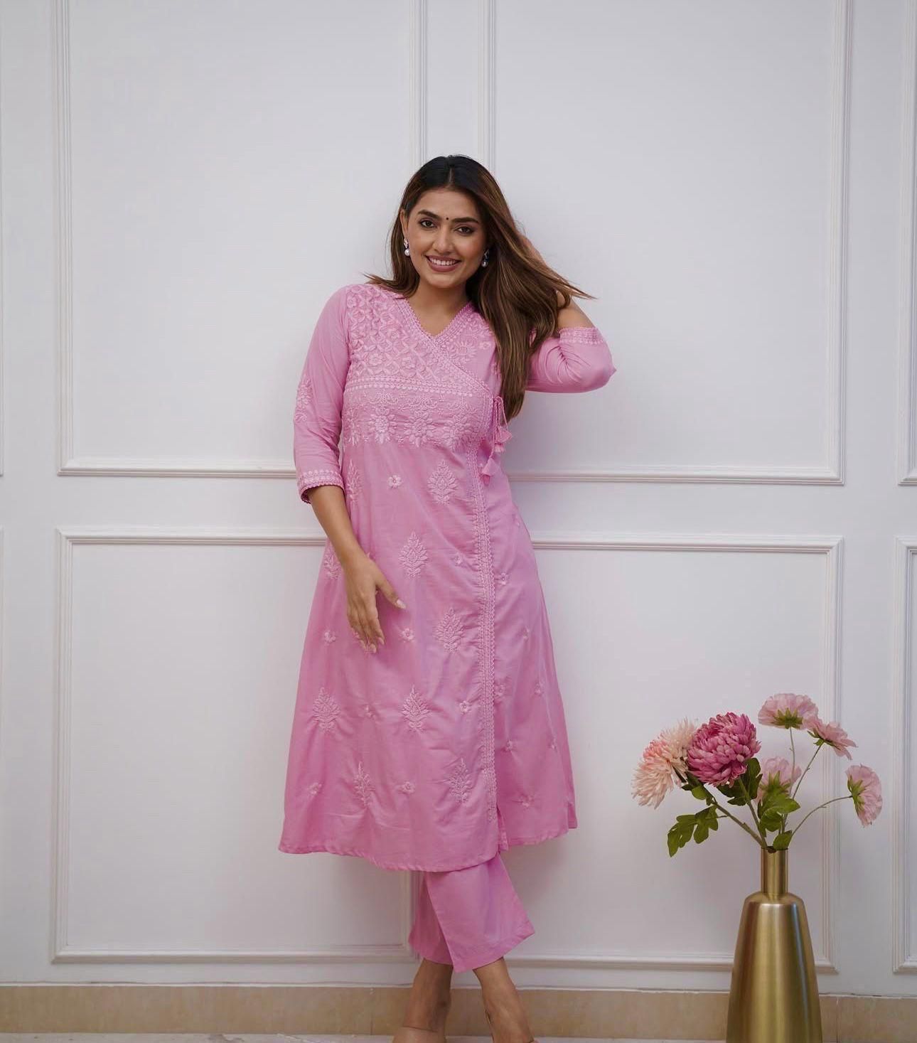 Cotton Chikankari Angrakha Style Kurti Pant Set for Women