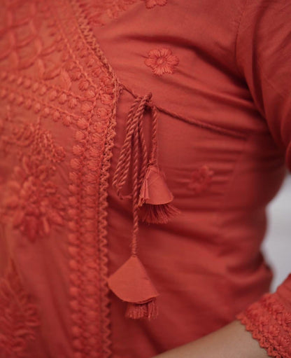 Cotton Chikankari Angrakha Style Kurti Pant Set for Women