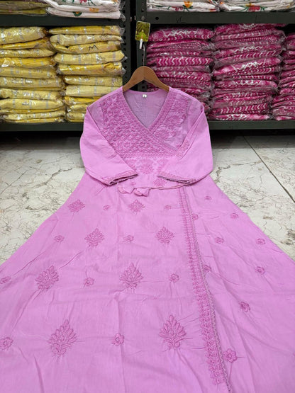 Cotton Chikankari Angrakha Style Kurti Pant Set for Women