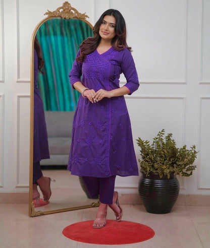 Cotton Chikankari Angrakha Style Kurti Pant Set for Women
