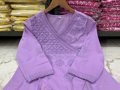 Cotton Chikankari Angrakha Style Kurti Pant Set for Women