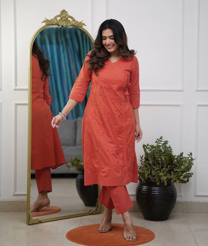 Cotton Chikankari Angrakha Style Kurti Pant Set for Women