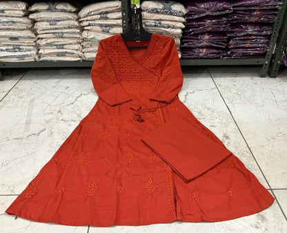 Cotton Chikankari Angrakha Style Kurti Pant Set for Women