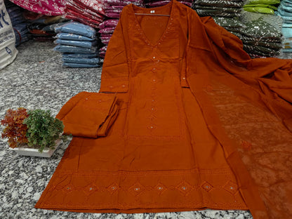 Cotton Chikankari Embroidered Kurti Pant Dupatta Suit Set