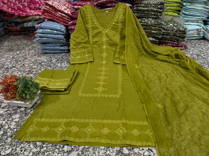 Cotton Chikankari Embroidered Kurti Pant Dupatta Suit Set