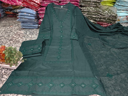 Cotton Chikankari Embroidered Kurti Pant Dupatta Suit Set