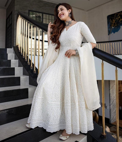 Cotton Chikankari Sequin Work Long Kurti with Chanderi Dupatta
