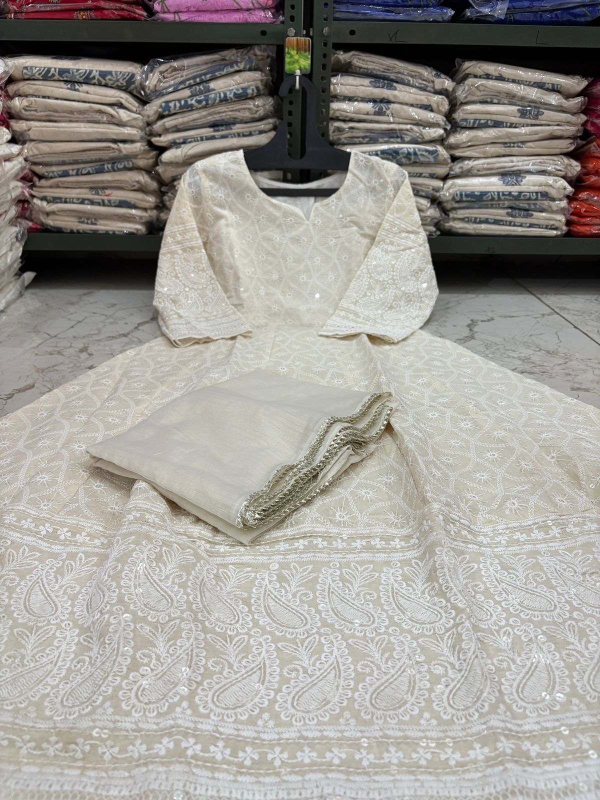 Cotton Chikankari Sequin Work Long Kurti with Chanderi Dupatta