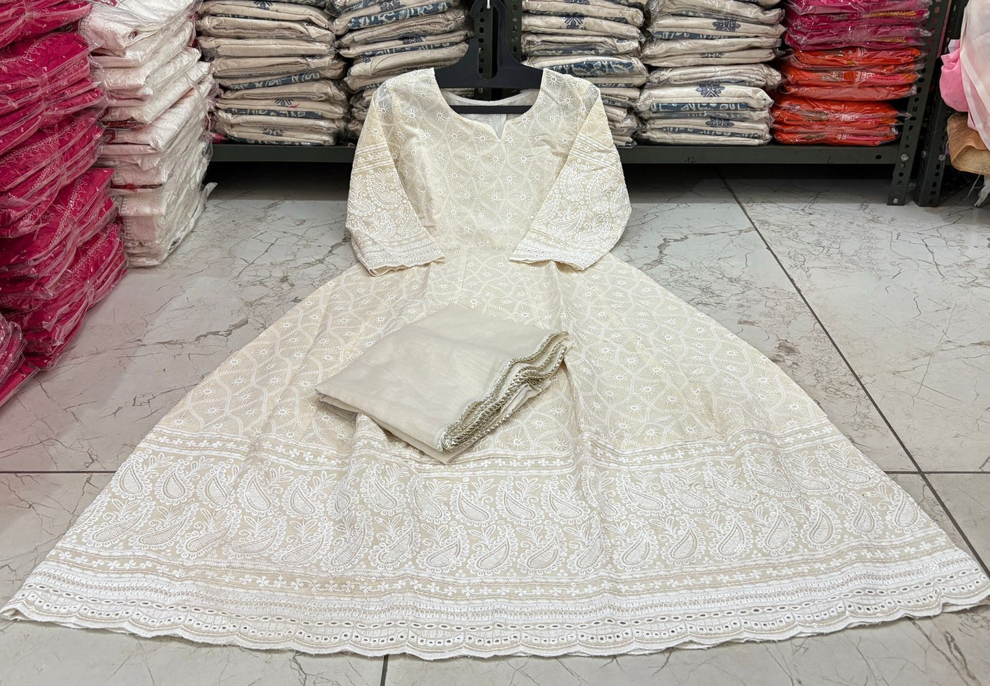Cotton Chikankari Sequin Work Long Kurti with Chanderi Dupatta
