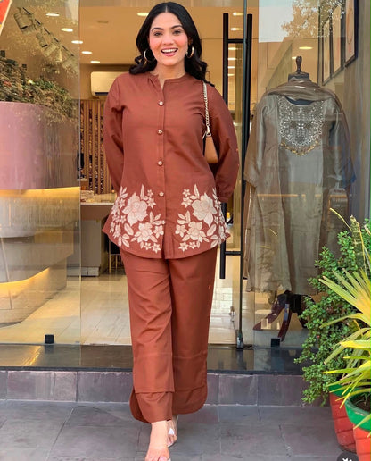 Cotton Co-Ord Set with Floral Embroidery & Button Detailing