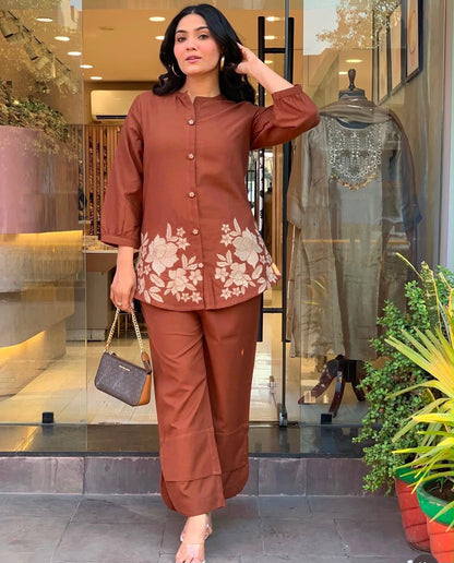 Cotton Co-Ord Set with Floral Embroidery & Button Detailing