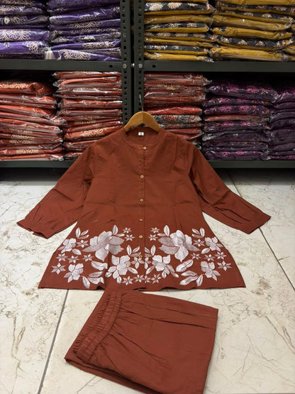 Cotton Co-Ord Set with Floral Embroidery & Button Detailing