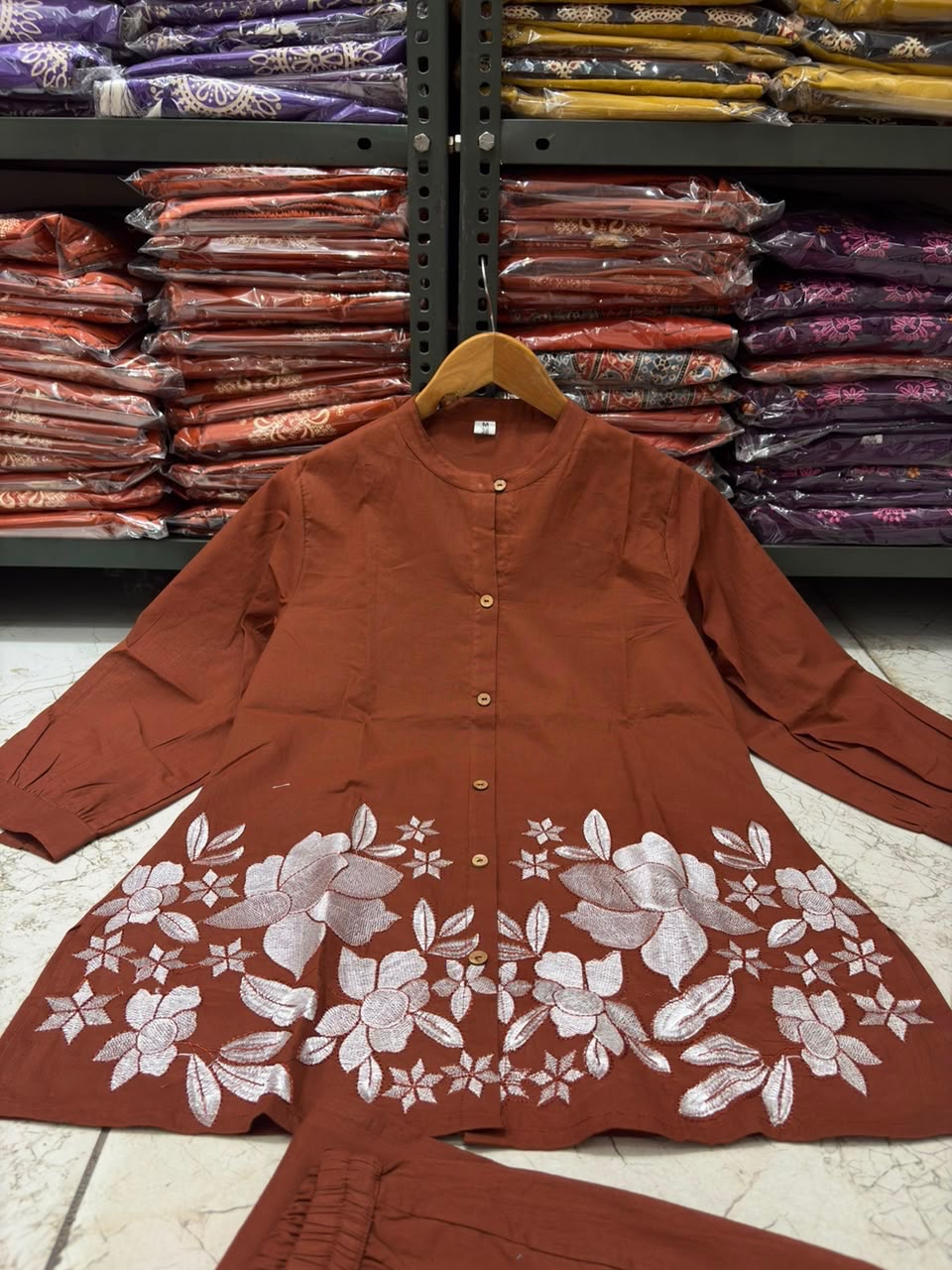 Cotton Co-Ord Set with Floral Embroidery & Button Detailing