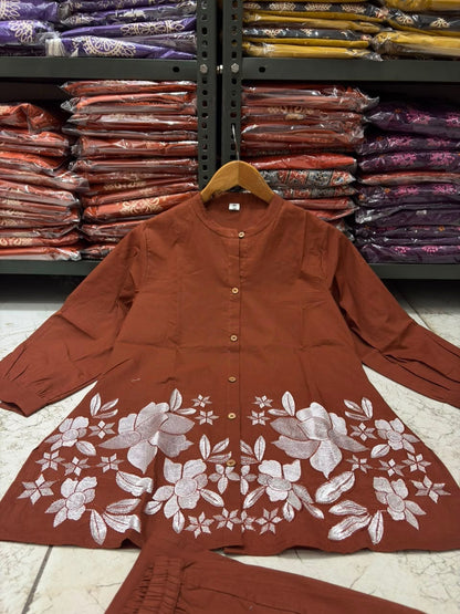 Cotton Co-Ord Set with Floral Embroidery & Button Detailing