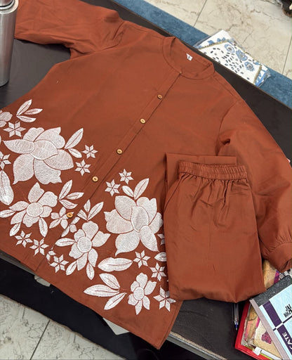 Cotton Co-Ord Set with Floral Embroidery & Button Detailing