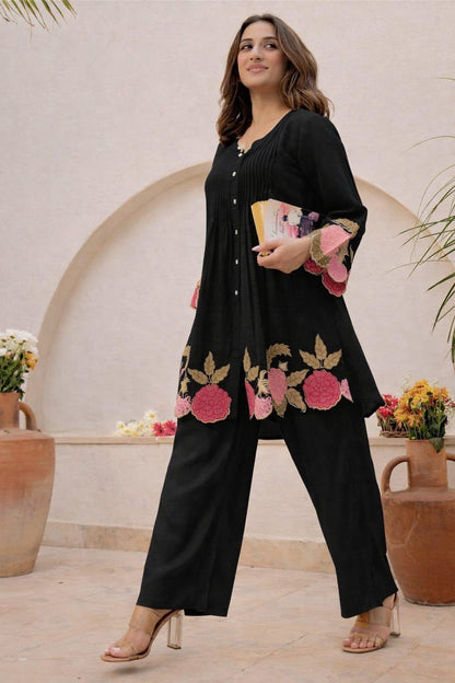 Cotton Co-Ord Set with Floral Embroidery & Front Button Detailing