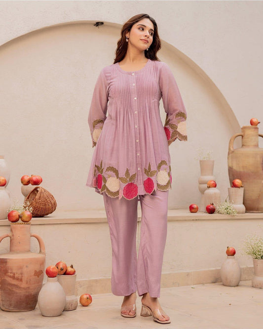 Cotton Co-Ord Set with Floral Embroidery & Front Button Detailing
