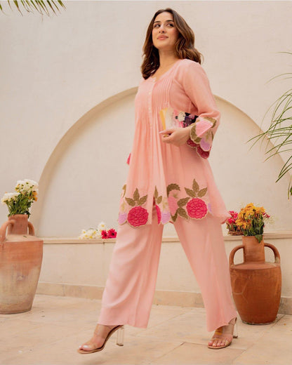 Cotton Co-Ord Set with Floral Embroidery & Front Button Detailing