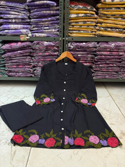 Cotton Co-Ord Set with Floral Embroidery & Front Button Detailing