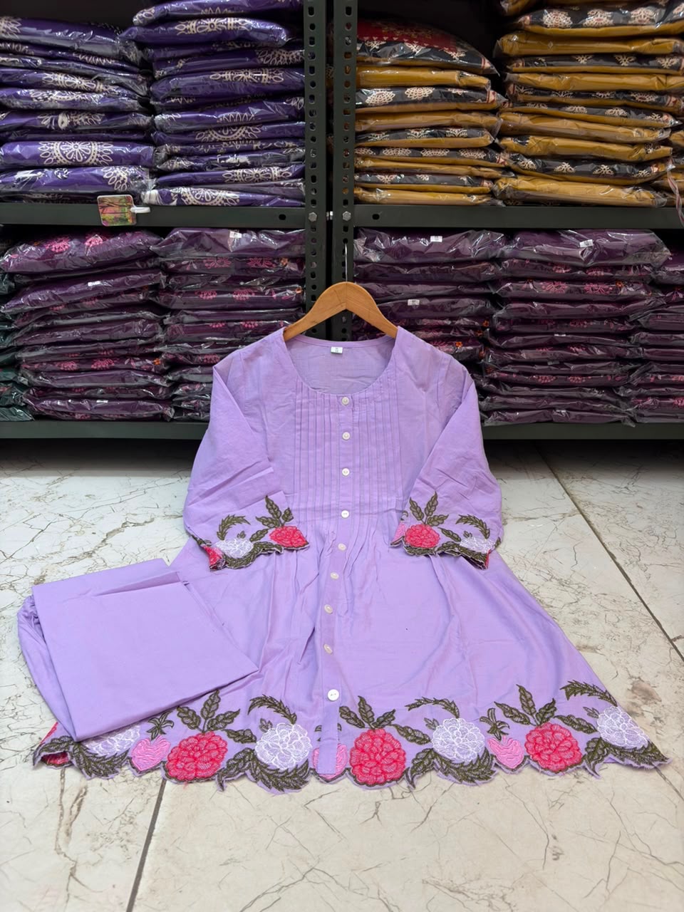 Cotton Co-Ord Set with Floral Embroidery & Front Button Detailing