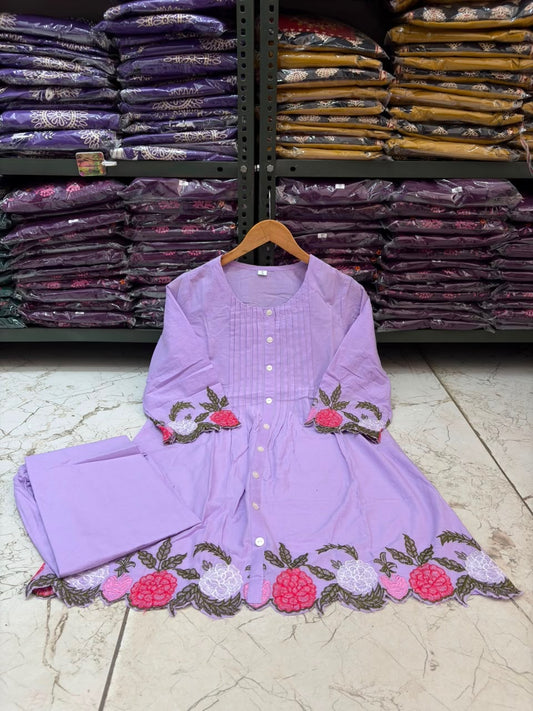 Cotton Co-Ord Set with Floral Embroidery & Front Button Detailing