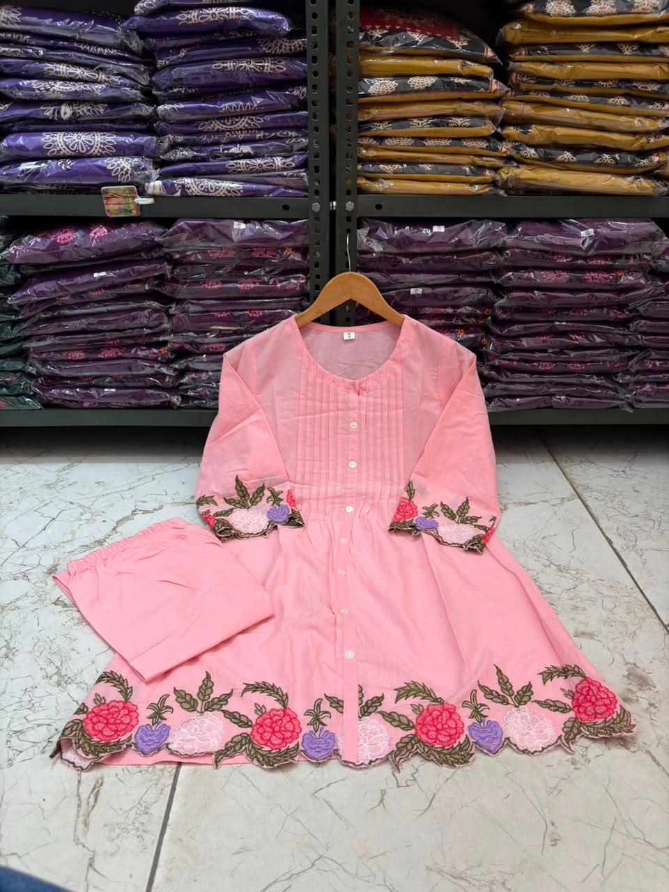 Cotton Co-Ord Set with Floral Embroidery & Front Button Detailing