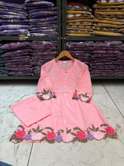 Cotton Co-Ord Set with Floral Embroidery & Front Button Detailing