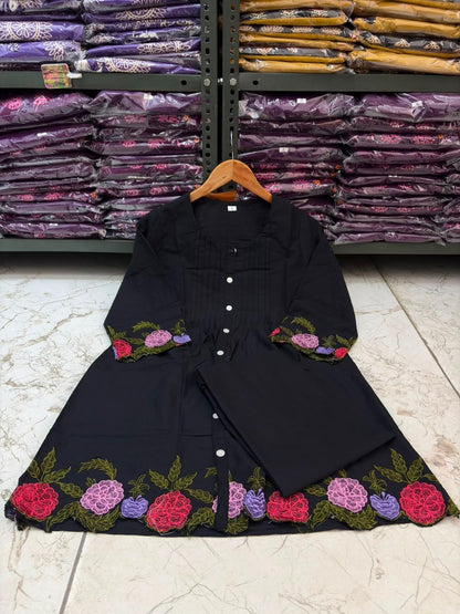Cotton Co-Ord Set with Floral Embroidery & Front Button Detailing