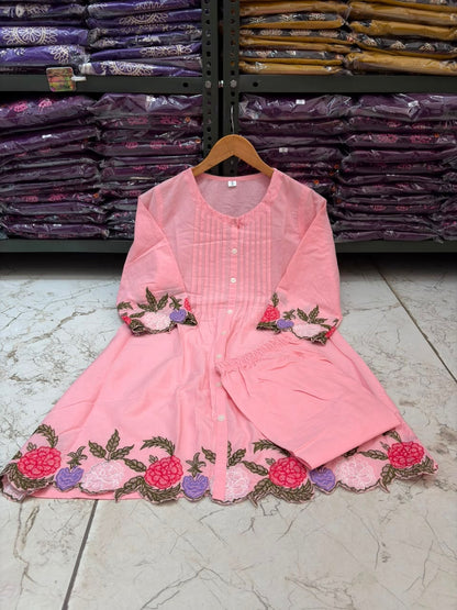 Cotton Co-Ord Set with Floral Embroidery & Front Button Detailing