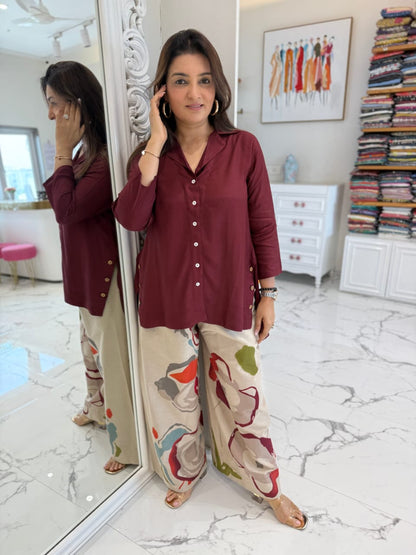 Cotton Co-Ord Set with Maroon Top & Multicolour Chiku Palazzo