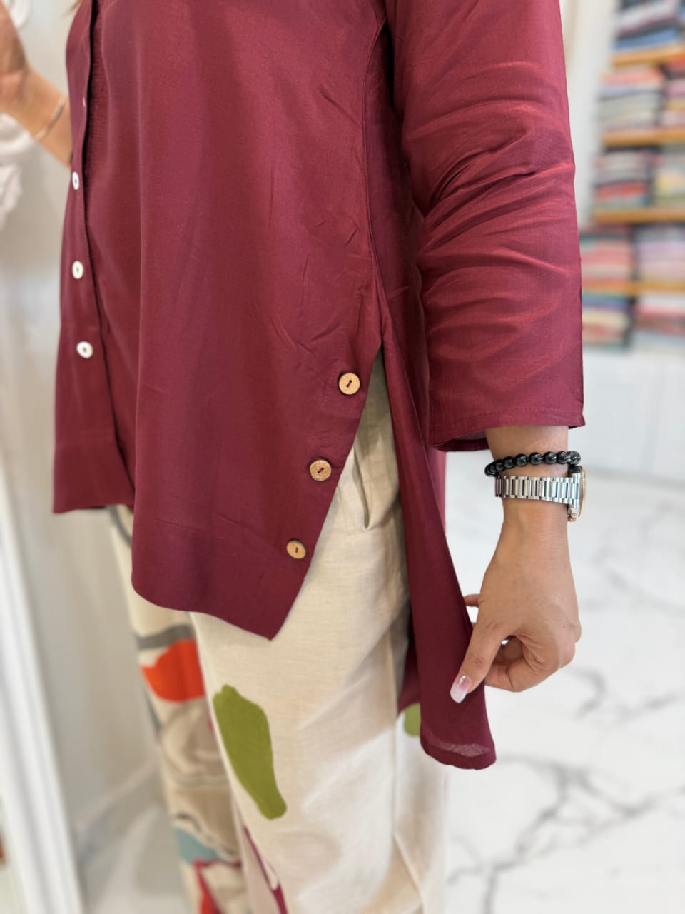 Cotton Co-Ord Set with Maroon Top & Multicolour Chiku Palazzo