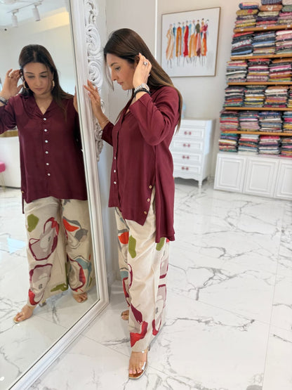 Cotton Co-Ord Set with Maroon Top & Multicolour Chiku Palazzo