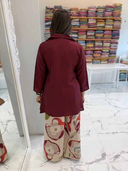Cotton Co-Ord Set with Maroon Top & Multicolour Chiku Palazzo