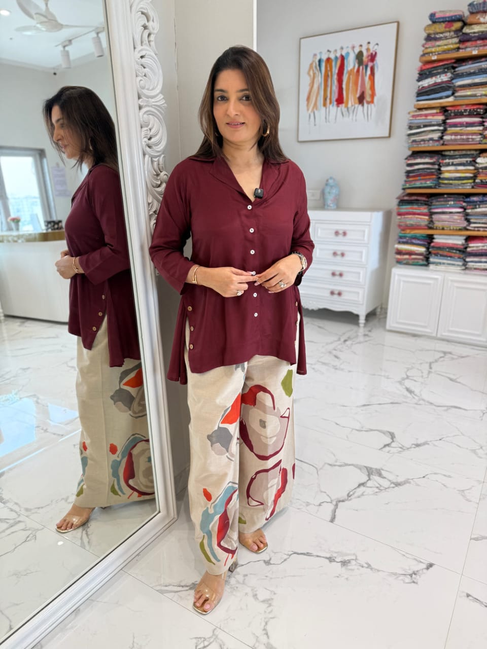 Cotton Co-Ord Set with Maroon Top & Multicolour Chiku Palazzo