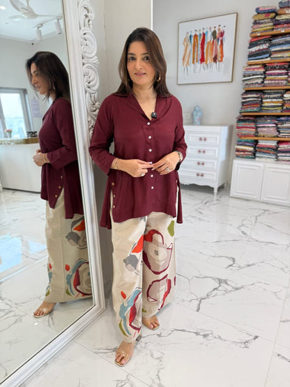 Cotton Co-Ord Set with Maroon Top & Multicolour Chiku Palazzo
