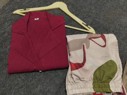 Cotton Co-Ord Set with Maroon Top & Multicolour Chiku Palazzo