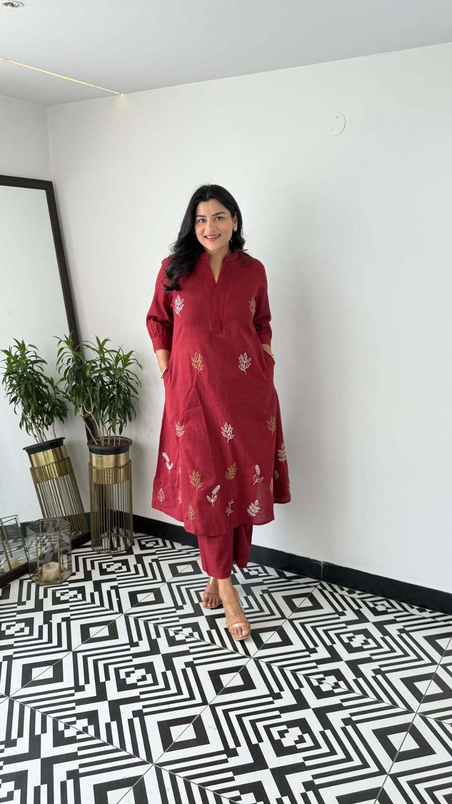 Cotton Collared Embroidered Kurta Pant Cord Set