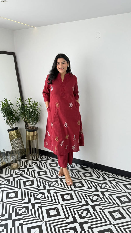 Cotton Collared Embroidered Kurta Pant Cord Set