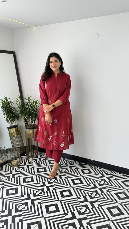 Cotton Collared Embroidered Kurta Pant Cord Set