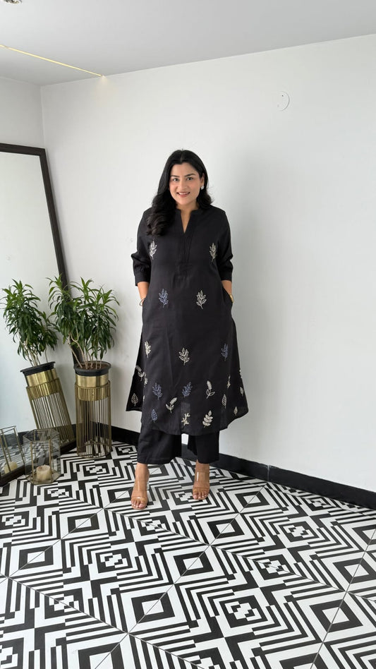 Cotton Collared Embroidered Kurta Pant Cord Set