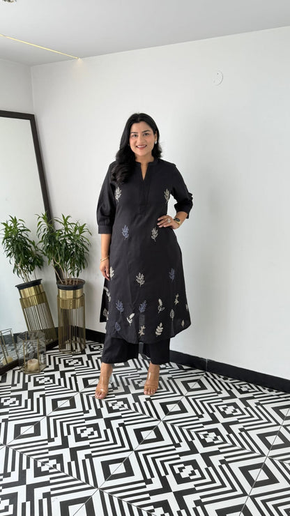 Cotton Collared Embroidered Kurta Pant Cord Set