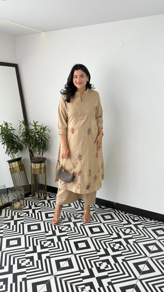 Cotton Collared Embroidered Kurta Pant Cord Set