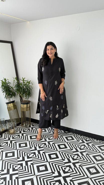 Cotton Collared Embroidered Kurta Pant Cord Set