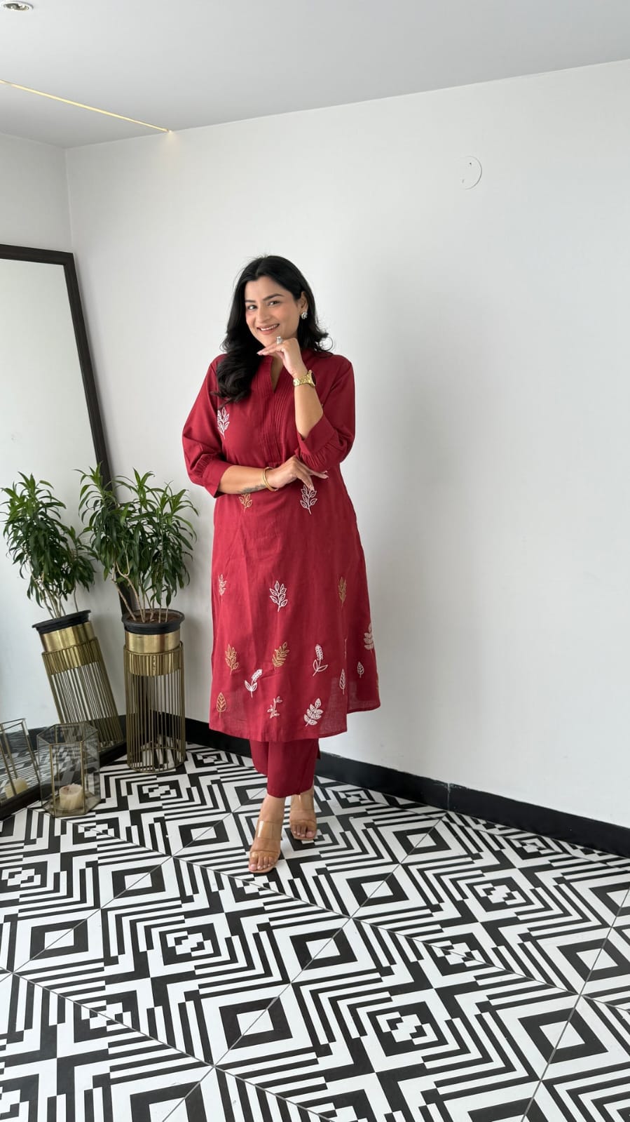 Cotton Collared Embroidered Kurta Pant Cord Set