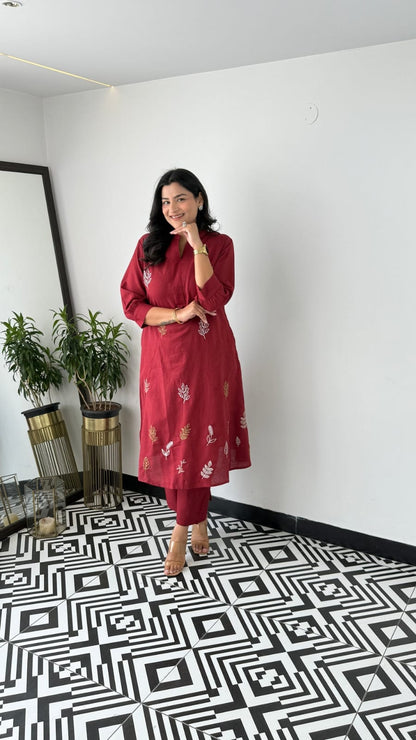 Cotton Collared Embroidered Kurta Pant Cord Set