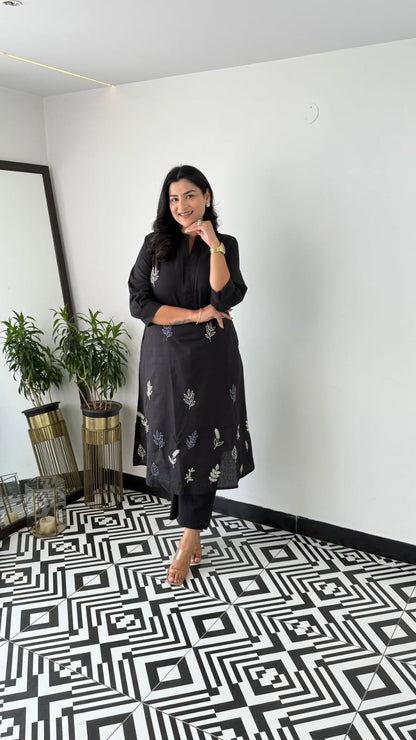 Cotton Collared Embroidered Kurta Pant Cord Set