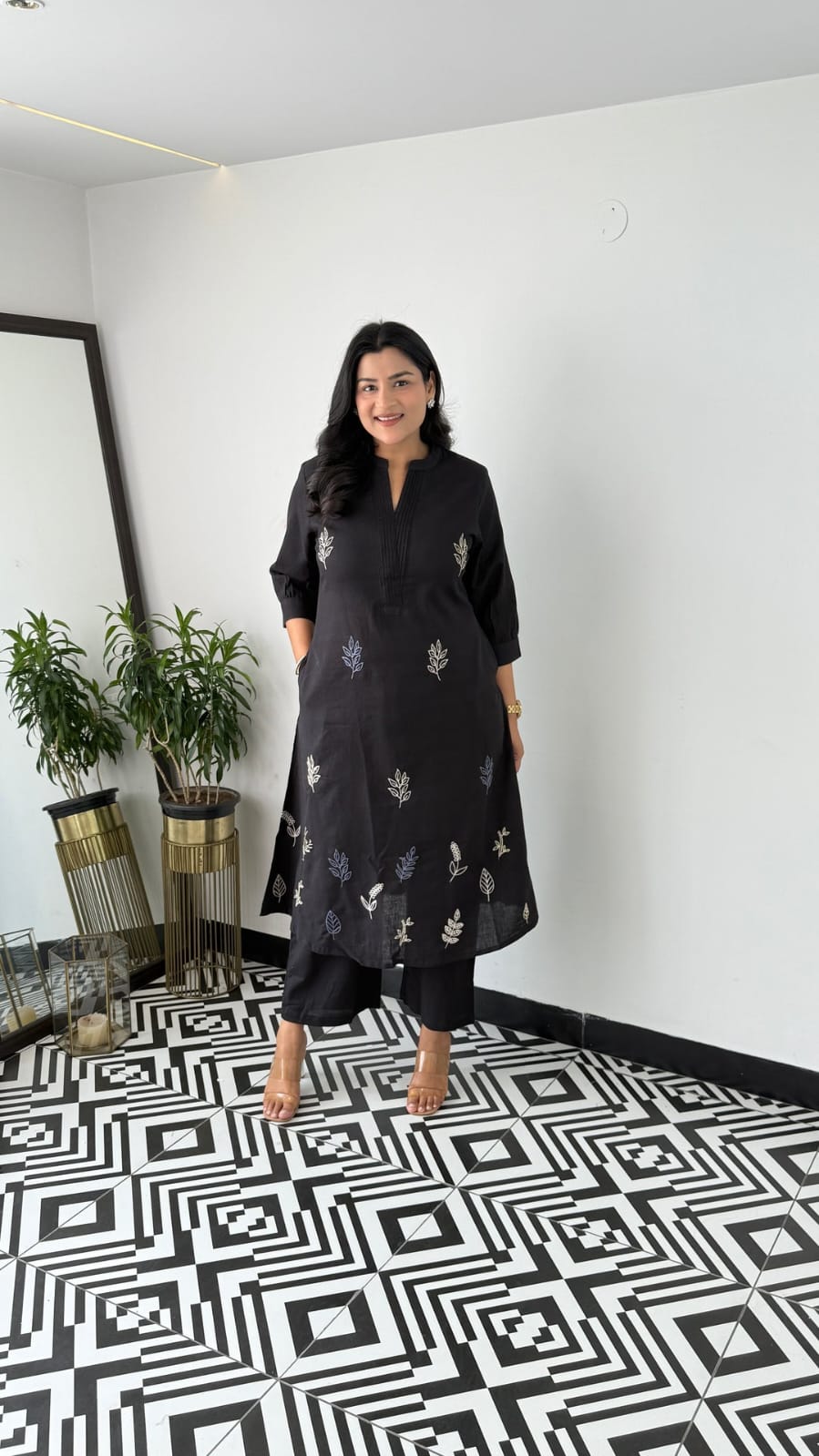 Cotton Collared Embroidered Kurta Pant Cord Set