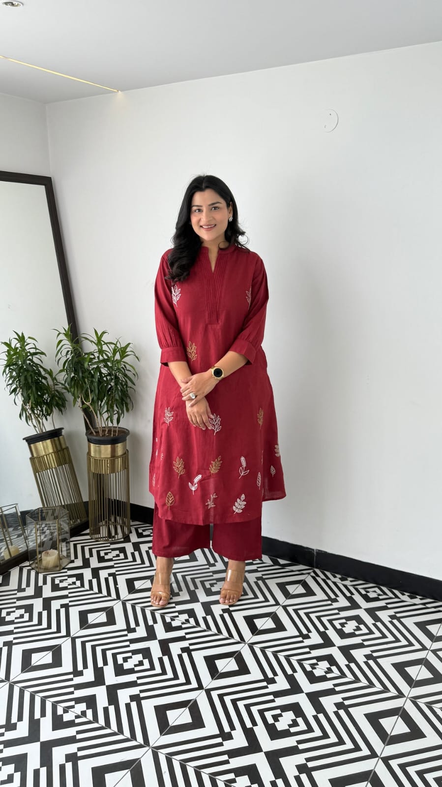 Cotton Collared Embroidered Kurta Pant Cord Set