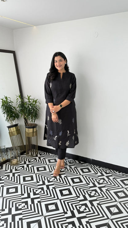 Cotton Collared Embroidered Kurta Pant Cord Set