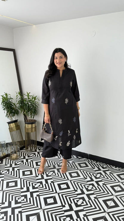 Cotton Collared Embroidered Kurta Pant Cord Set